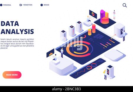 Data analysis concept. Business team build digital infographic with dashboard, charts and diagrams. Landing page vector design. Illustration of data analysis, chart and infographic Stock Vector