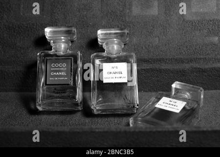 Paris, France on 13th May in 2020 : Chanel perfume bottles isolated on black  background. Bottles with different Chanel perfume products Stock Photo -  Alamy