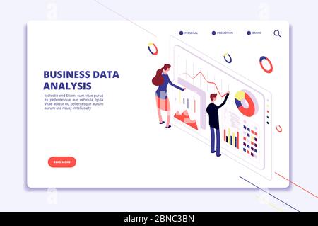 Data analysis. People work on business finance charts. Statistical surveillance. Big data isometric vector concept. Illustration of business data analysis 3d isometric Stock Vector