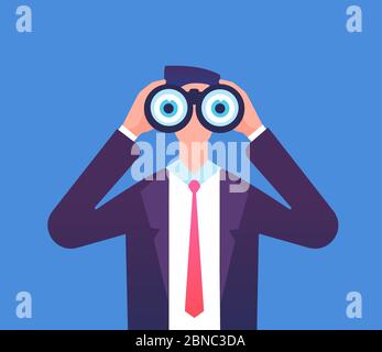 Man looking through binoculars. We are hiring, recruiting and business seeing vector concept. Businessman through binoculars, looking in binocular illustration Stock Vector