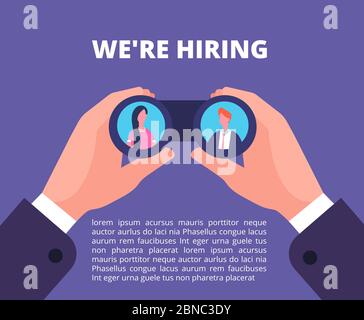 We are hiring concept. Businessman, recruiter hands holding binocular with employees in lenses. Recruiting vector poster, looking in binocular and watch woman and man illustration Stock Vector