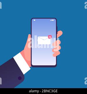 Email notification on smartphone. Hand with cell phone new mail message on screen, inbox sms. Online communication vector concept. Illustration of email and sms on screen notification Stock Vector