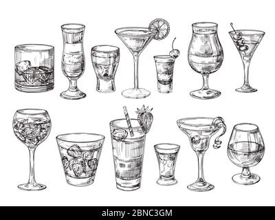 Hand drawn cocktail. Alcoholic drinks in glasses. Sketch juice, margarita martini. Cocktail with rum, gin whiskey vector set. Illustration of alcohol sketch, juice and drink cocktail Stock Vector