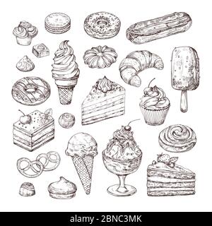 Sketch dessert. Cake, pastry and ice cream, apple strudel and muffin in vintage engraving style. Hand drawn fruit desserts vector set. Illustration of cake with cream, dessert sketch, pastry sweet Stock Vector