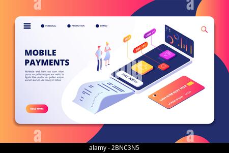 Online payment isometric concept. Banking shopping mobile phone app. Credit card protection, internet paying buying vector banner. Mobile phone app for payment, smartphone banking pay illustration Stock Vector