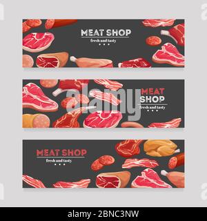 Meat product banners. Beef and pork sausage, ham and salami, bacon. Butchery meat banner vector set. Illustration of butchery shop banner and poster Stock Vector