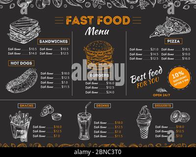 Fast food menu. Sketch sandwich burger, pizza snacks vintage design on chalkboard. Fast food restaurant menu board vector template. Illustration of menu fast food, restaurant pizza and hamburger Stock Vector