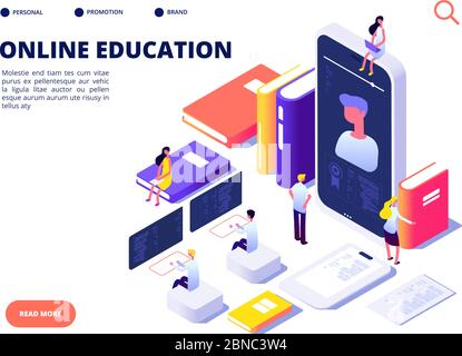 Online education concept. Internet class training and on-line course. Educate on distance. Isometric vector illustration. Training online isometric, distance teaching and studying Stock Vector
