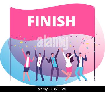 Success reach goal concept. Business persons celebrating victory at finish line. Compete in business motivation vector poster. Triumph business team in competition illustration Stock Vector