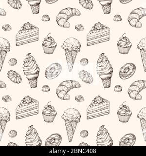 Sketch dessert seamless background. Cakes sweets cupcake and ice cream hand drawn vector wrapping texture. Illustration of cupcake and dessert, sweet food and chocolate Stock Vector