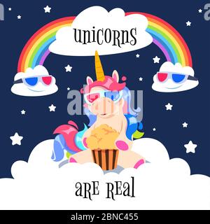 Cute magical unicorn with rainbow. Fantasy pony on clouds. Cartoon unicorn wallpaper vector design. Illustration of unicorn pony, fantasy horse magic for cinema banner Stock Vector