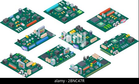 Circuit board isometric. Electronic computer components motherboard. Semiconductor microchip, diode. Hardware vector parts. Illustration of electronic motherboard and isometric processor and microchip Stock Vector