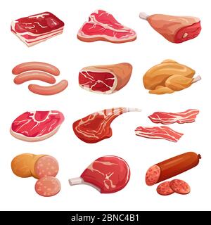 Cartoon meat set. Pork, beef and lamb raw meat products and sausages, jerky vector isolated icons. Illustration of steak pork, meat raw, sausage and bacon Stock Vector