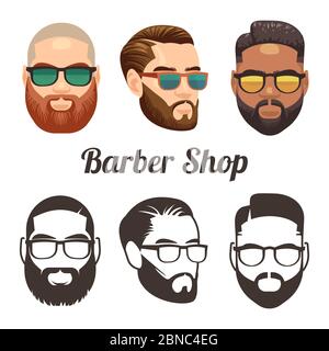 Barbershop cartoon and outline vector logos with stylish hipster men isolated on white illustration Stock Vector