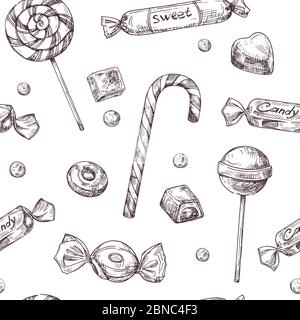 Seamless candy background. Sketch chocolate candy, lollipop and marmalade sweets, hand drawn vector wrapper texrure. Illustration of candy and chocolate candy Stock Vector