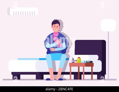 Man having cold or flu. Winter illness, sick person, patient with thermometer. Flu virus prevention vector medical concept. Patient sick, cold and flu, ill and fever, man with thermometer illustration Stock Vector