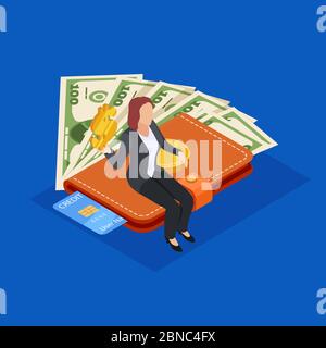 Businesswoman sitting on purse with money and credit card. Saving money isometric vector concept. Illustration of wallet with money and credit card Stock Vector