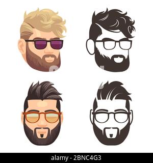 Cartoon and silhouette bearded hipster man isolated on white background. Vector illustration Stock Vector