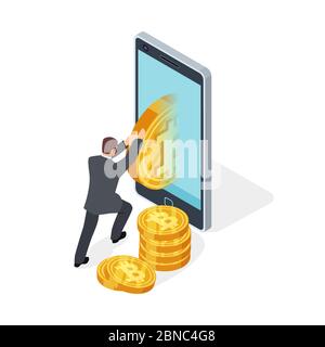 Bitcoin mining and cryptocurrency exchange vector 3d isolated on white background. Illustration of exchange bitcoin and mining crypto Stock Vector