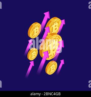 Bitcoin and cryptocurrency growth isometric vector concept. Crypto money bitcoin, finance cryptocurrency and blockchain, growth financial illustration Stock Vector