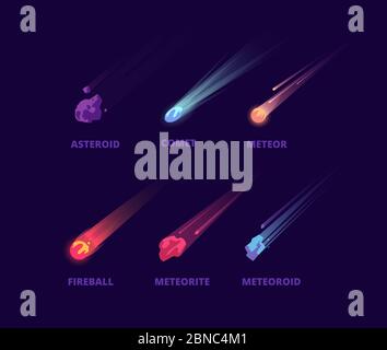 Comet asteroid and meteorite. Cartoon space objects. Atmospheric fireballs vector set. Illustration of asteroid and comet, meteor and meteorite Stock Vector