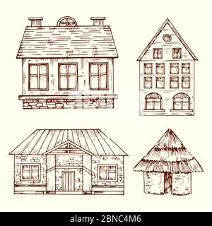 Different style hand drawn houses vector set. House with roof and window, architecture building home illustration Stock Vector
