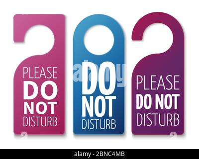 Do not disturb room vector signs. Colorful realistic hotel door hangers isolated on white background illustration Stock Vector