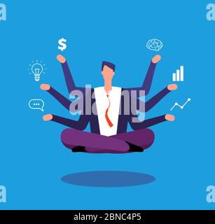 Multitasking businessman. Manager sitting in yoga lotus pose and juggles with tasks. Effective management vector concept. Illustration of businessman lotus multitasking, business sitting relax pose Stock Vector