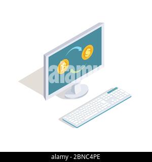 Exchange dollars for bitcoins online vector concept. Isometric 3d finance, internet banking illustration isolated on white with shadow Stock Vector