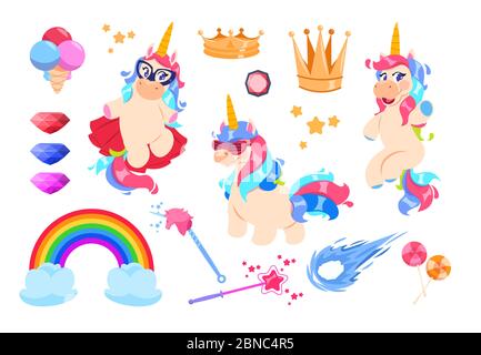 Cute unicorns set. Cartoon rainbow, magic wand and diamonds. Gold crown, stars and ice-cream. Fairy pony unicorn vector stickers. Unicorn and rainbow, magic and crown, diamond and wand illustration Stock Vector