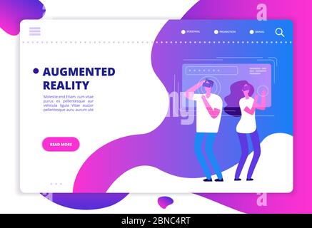 Virtual reality concept. People with vr future gadgets. Web site vector template. Vr gadget device, virtual headset for game in cyberspace illustration Stock Vector