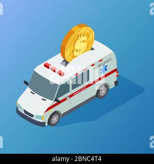 Commercial medicine vector concept with isometric ambulance and dollar coin illustreation Stock Vector