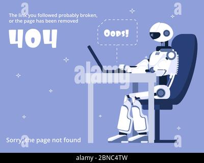 Error 404. Not found web site page with robot and warning message. Vector template of robot warning about error website illustration Stock Vector