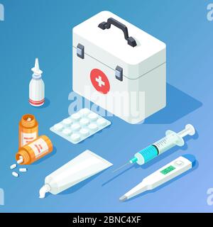 First aid kit medicament and tools isometric vector. Set of elements medicine illustration Stock Vector