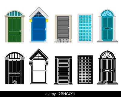 Front house doors flat and silhouette vector set isolated on white illustration Stock Vector