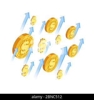 Growth dollar vector concept. Arrows and dollar coins isometric illustration. Dollar money, finance isometric coins Stock Vector