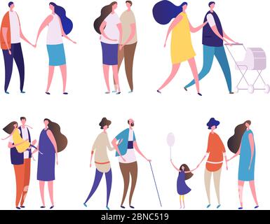 Family characters. Young age people, dad mom, grandpa grandma, children and teenagers. Parents kids, happy families vector set. Illustration of family mom and dad with kids Stock Vector
