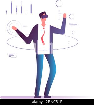 Businessman in virtual reality. Man in goggles headset interacting virtual projection of financial chart. Vr business vector concept. Virtual business online, interact cyberspace illustration Stock Vector