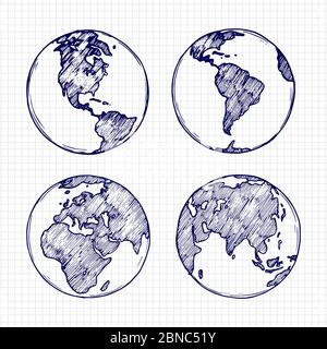 Globe sketch. Hand drawn earth planet with continents vector illustration isolated on white background Stock Vector