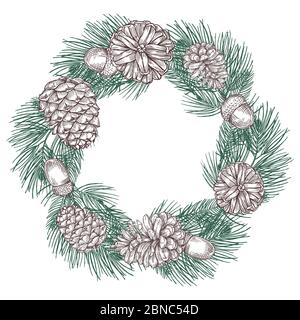 Green spruce branches wreath with cones vector illustration. Christmas branch wreath spruce, traditional holiday ornament Stock Vector