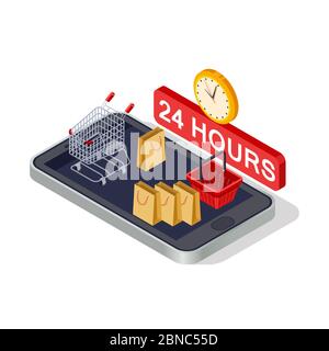 Digital marketing, online shopping isometric smartphone illustration vector concept on white background Stock Vector