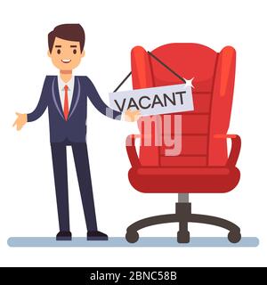 Hiring vector concept. Flat character businessman and boss chair with table Vacant place chair, illustration of businessman hiring to workplace Stock Vector
