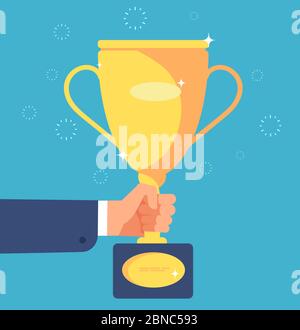 Gold cup in hand. Businessman with trophy winner prize goblet. Success goals business, achievement vector concept. Achievement award, championship and leadership with golden trophy illustration Stock Vector