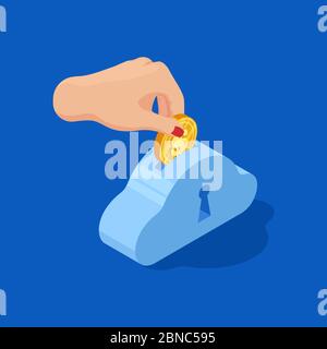 Female hand drops the dollar into the bank. Save money 3d vector concept illustration Stock Vector