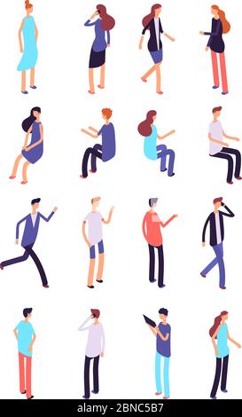 Isometric people. Cartoon sitting and standing persons. 3d men and women in casual clothes. Vector characters set of people man and woman illustration Stock Vector