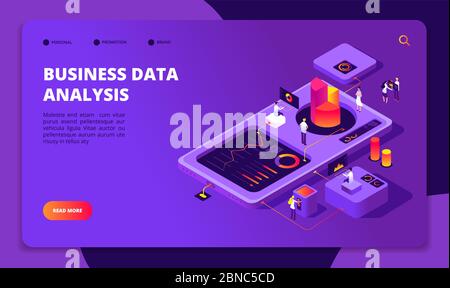 People work in team. Persons analyze financial charts in workplace. Achieve goal, modern business technology vector isometric concept. Illustration of business isometric analysis data Stock Vector