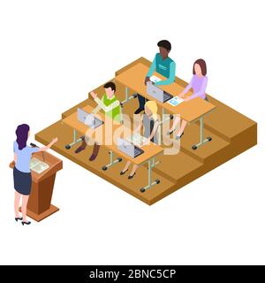 International students on lecture, seminar isometric vector illustration. Education and seminar isometric, student on lecture Stock Vector