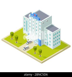 Isometric hospital building and ambulance cars vector illustration. Isometric hospital building, ambulance car medical Stock Vector