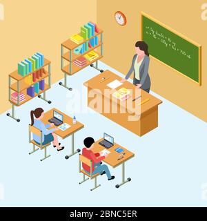 Isometric classroom with teacher and kids. High school vector illustration. Isometric education school, teacher in classroom with students Stock Vector