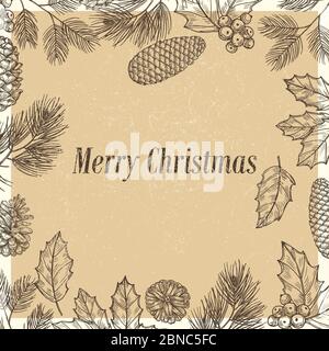 Grunge Christmas poster with sketched branches and cones vector template illustration Stock Vector
